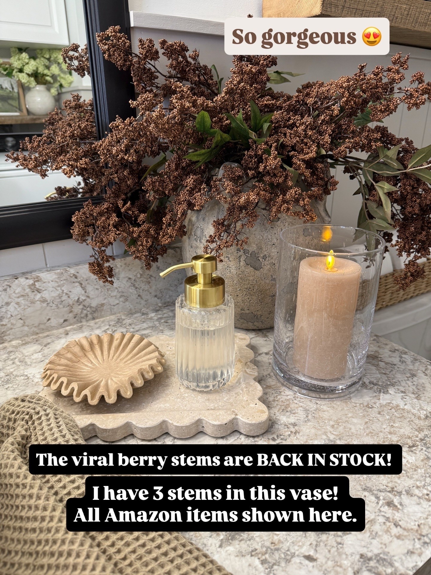 ‼️Brown Berry Stems Back In Stock‼️

Follow @farmtotablecreations on Instagram for more home styling ideas ✨

These gorgeous berry stems sold out so fast last time I shared. If you’ve had your eye on them, now’s the time to snag them. 

Simple, layered textures make the biggest impact in small spaces. I used warm neutrals and soft lighting to keep this bathroom feeling cozy and elevated. The scalloped stone tray, ribbed glass soap dispenser, and flickering flameless candle are all Amazon finds — proof that you can create a high-end look on a budget.

#bathroomdecor #amazonhomefinds #neutralbathroom #amazonbathroom #homeinspo #bathroomstyling #decorinspo #interiordetails #homefinds #amazonprime



#LTKSaleAlert #LTKHome