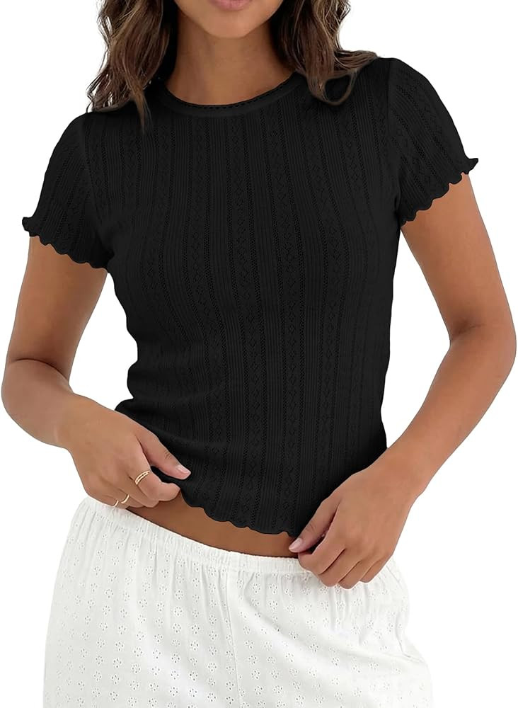 BAIGRAM Women Cute Y2K Pointelle Crop Tops Lettuce Short Sleeve Crew Neck Tee Slim Fitted Tshirts... | Amazon (US)