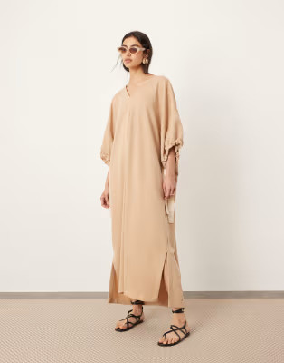 ASOS EDITION jersey v neck oversized sweater dress with contrast tie detail in camel | ASOS (Global)