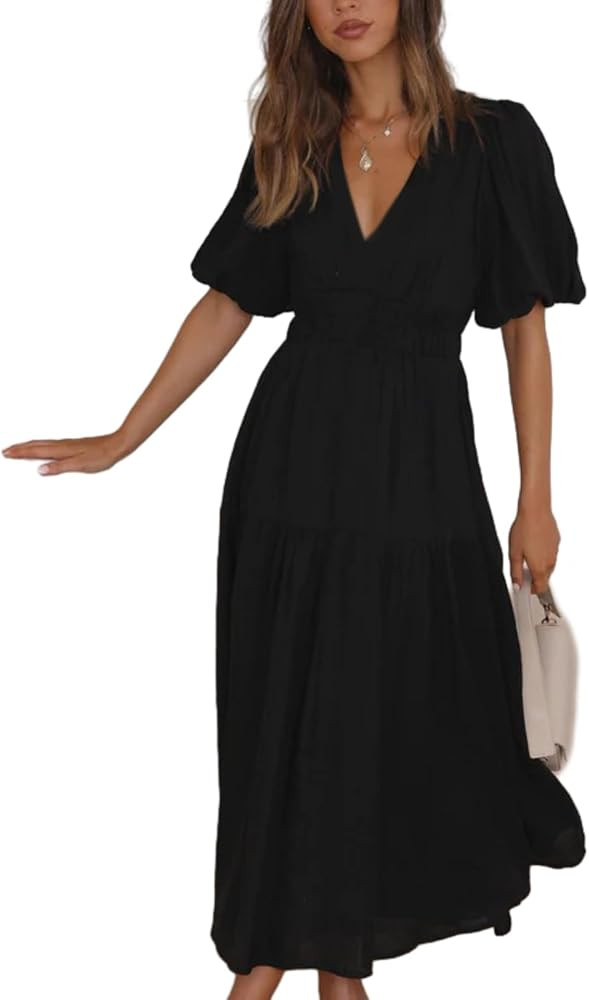 HOULENGS Women's Deep V Neck Puff Short Sleeve Tiered Dress Elastic High Waist Flowy A Line Midi ... | Amazon (US)