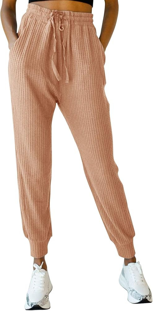 Women's Active Drawstring Joggers Pants Elastic Waist Waffle Knit Trousers Athletic Solid Color S... | Amazon (US)