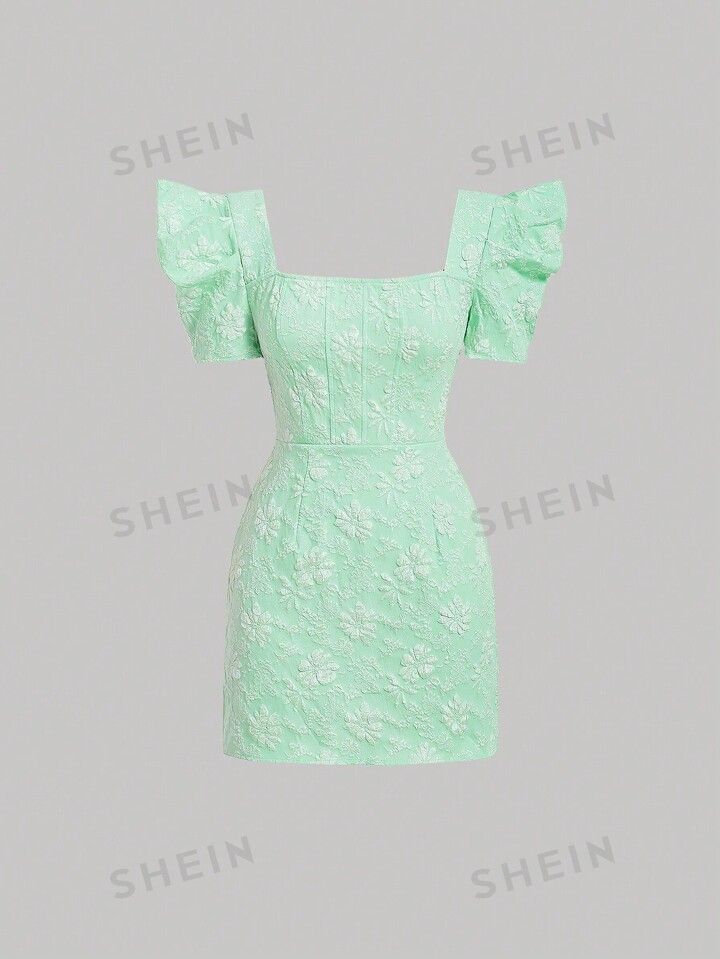 SHEIN MOD Jacquard Square Neck Ruffle Trim Dress | SHEIN