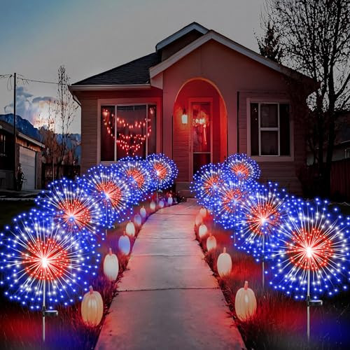 Tujoe 12 Pcs 4th of July Solar Firework Stake Lights 180 LED 8 Modes Solar Waterproof LED Sparkler Lights Outdoor Patriotic Decoration for Memorial Independence Day Garden Patio Yard (Red White Blue) | Amazon (US)