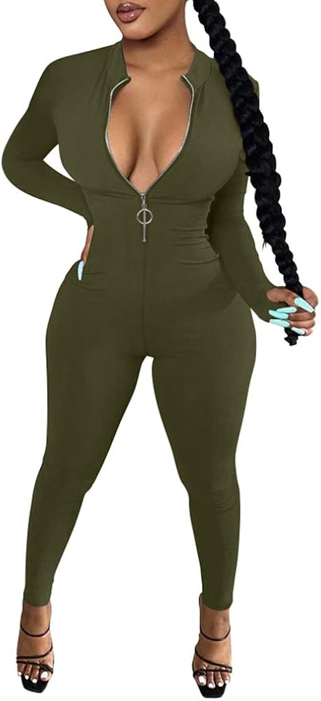 LAGSHIAN Women's Sexy Casual Long Sleeve V Neck Zipper One Piece Bodycon Jumpsuit | Amazon (US)