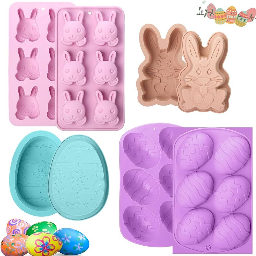FoldTier 4 Pcs Easter Egg Silicone Bunny Fondant Molds Large Easter Eggs Silicone Molds 3D Easter... | Amazon (US)