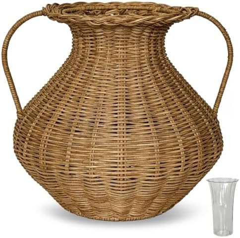 Handwoven Natural Rattan Flower Vase, Wicker Basket with Acrylic Liner, Double-Handle Nordic Styl... | Amazon (US)