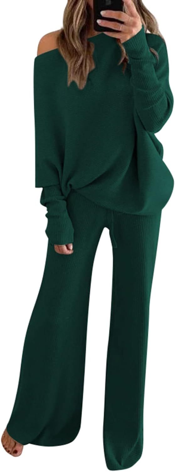 Linsery Womens 2 Piece Outfits One Shoulder Knit Sweater Pullovers Wide Leg Pants Sets Sweatsuit ... | Amazon (US)