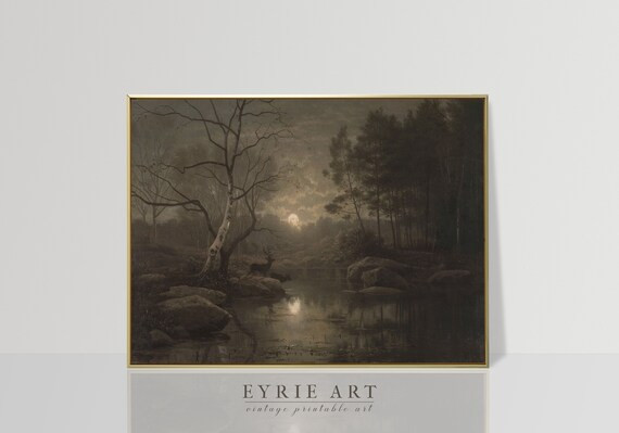 Dark Forest Deer Print Vintage Lake Landscape Painting Dark - Etsy | Etsy (US)