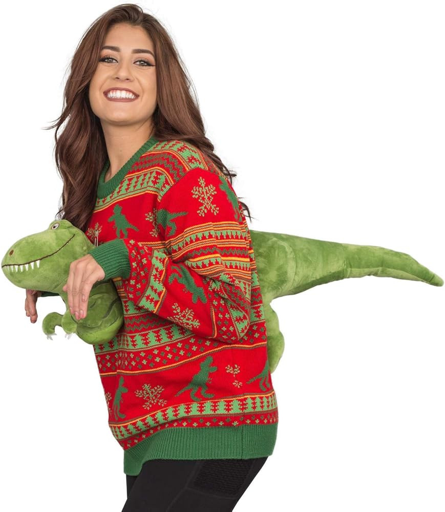 3D T-Rex Red and Green Adult Ugly Christmas Sweater | Amazon (US)