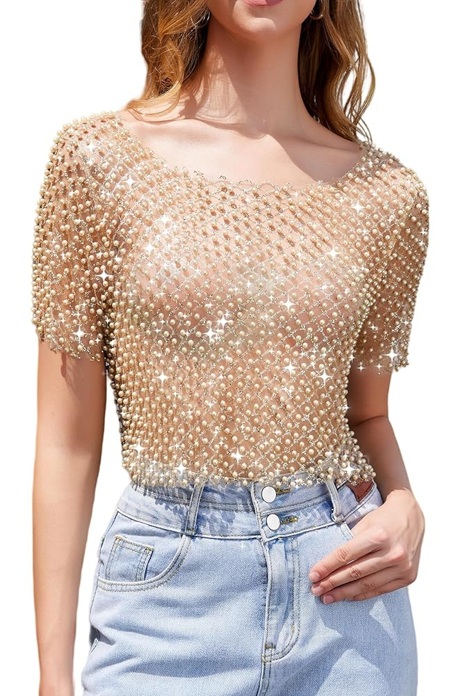 Women's Pearl Mesh Sheer Crop Top Sparkly Short Sleeve Glitter See Through Sexy Tee Shirt for Cas... | Amazon (US)