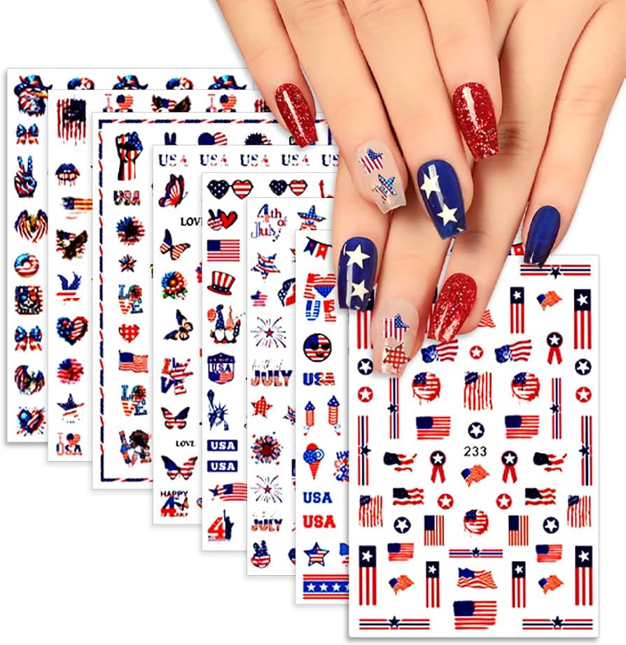 4th of July Nail Stickers - Patriotic Nail Decals Nail Art\uff0c3D Self-Adhesive Nail Art Manicur... | Amazon (US)