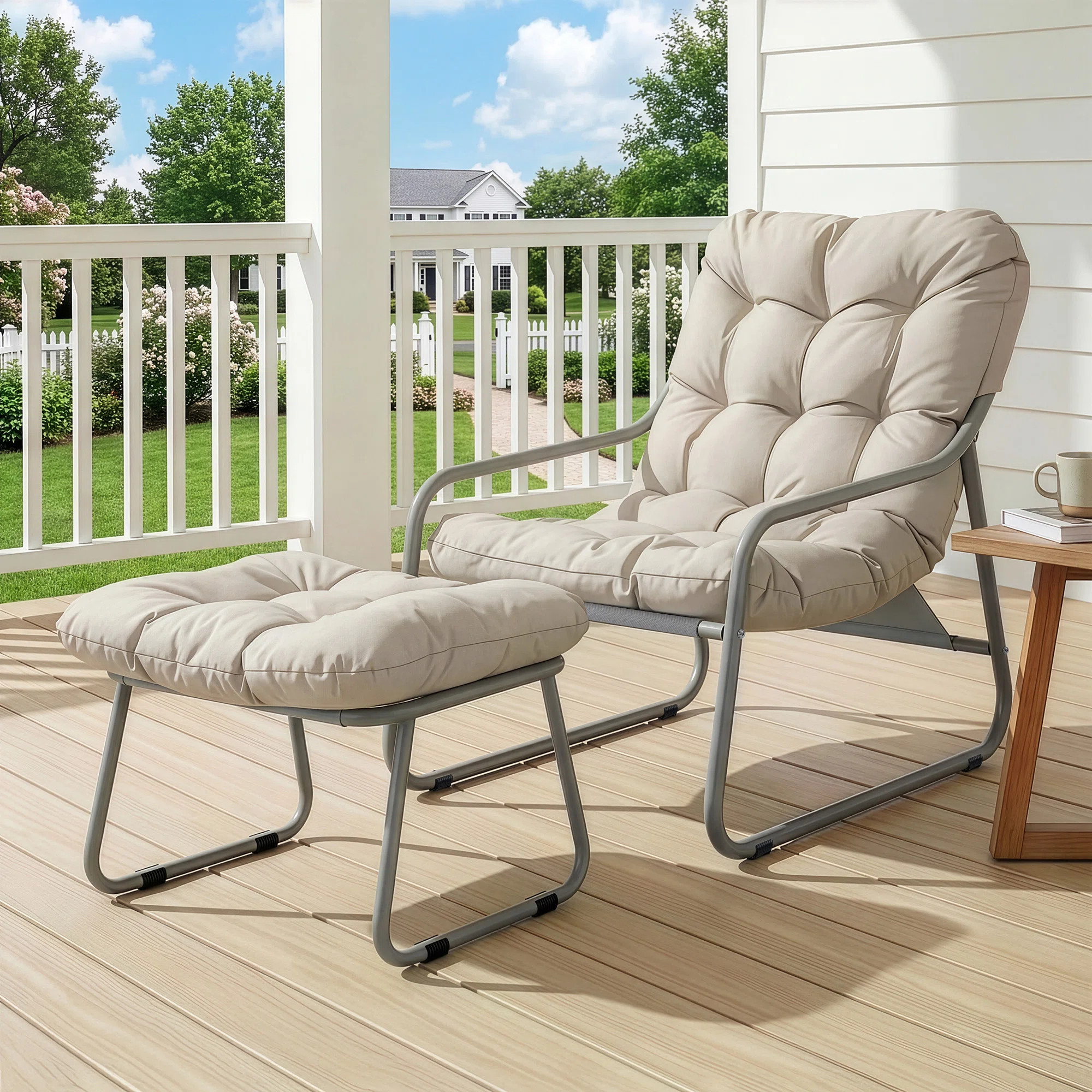 Outdoor Lounge Chair with Ottoman with Thick Beige Cushions for Patio, Porch and Balcony | Wayfair North America