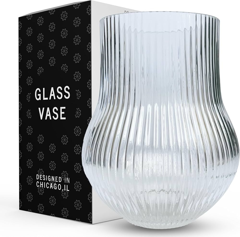Greenline Goods Ribbed Flower Vase with Rounded Bottom – Clear Hand-Blown Glass Vases for Flowe... | Amazon (US)