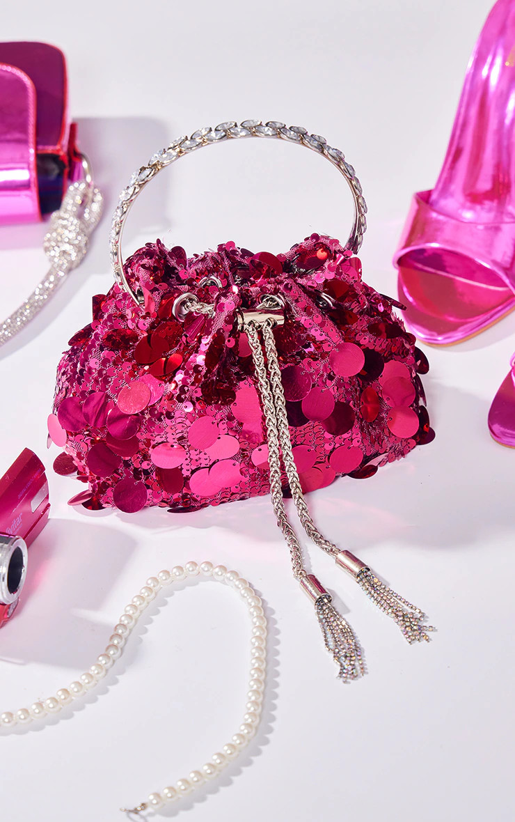 Hot Pink Sequin Pouch Metal Handle Hand Bag | PrettyLittleThing US