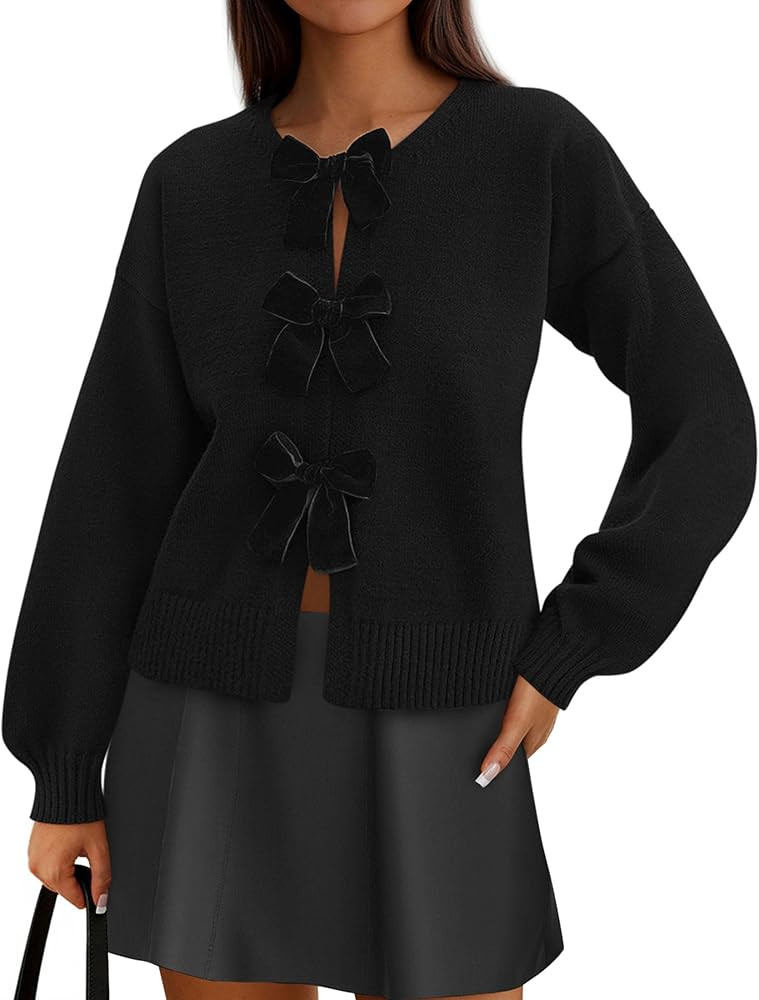 PRETTYGARDEN Cardigan Sweaters for Women Fall Fashion 2025 Bow Tie Front Long Sleeve Knit Sweater... | Amazon (US)