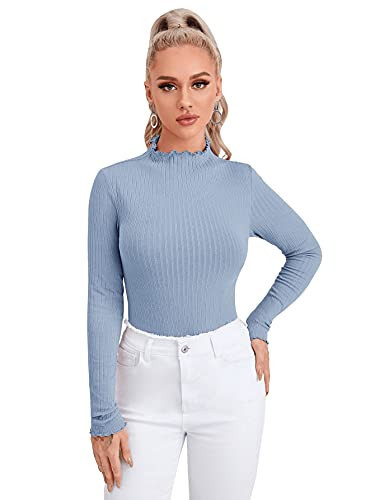 SweatyRocks Women's Casual High Neck Long Sleeve Ribbed Tee Slim Fit Stretch Striped Knit T Shirts Solid Dusty Blue XS | Amazon (US)
