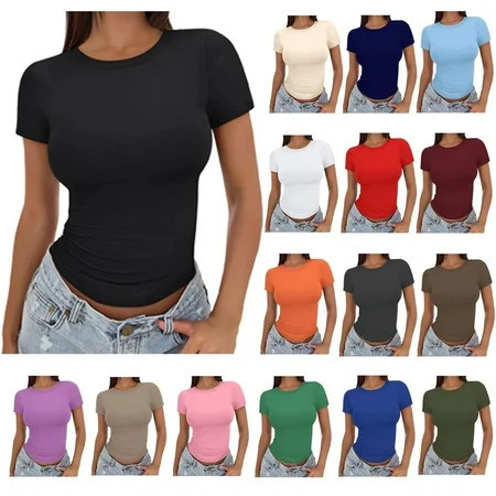 Womens Basic Short Sleeve Slim Fit T Shirts Ndbuld Women's Casual Solid Color Short-Sleeved Crew-Neck Top,Black,L | Walmart (US)