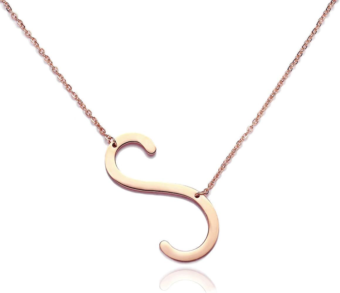 Big Large Initial Necklace Stainless Steel Rose Gold Letter Chain Script Name Pendant for Girl Wo... | Amazon (US)