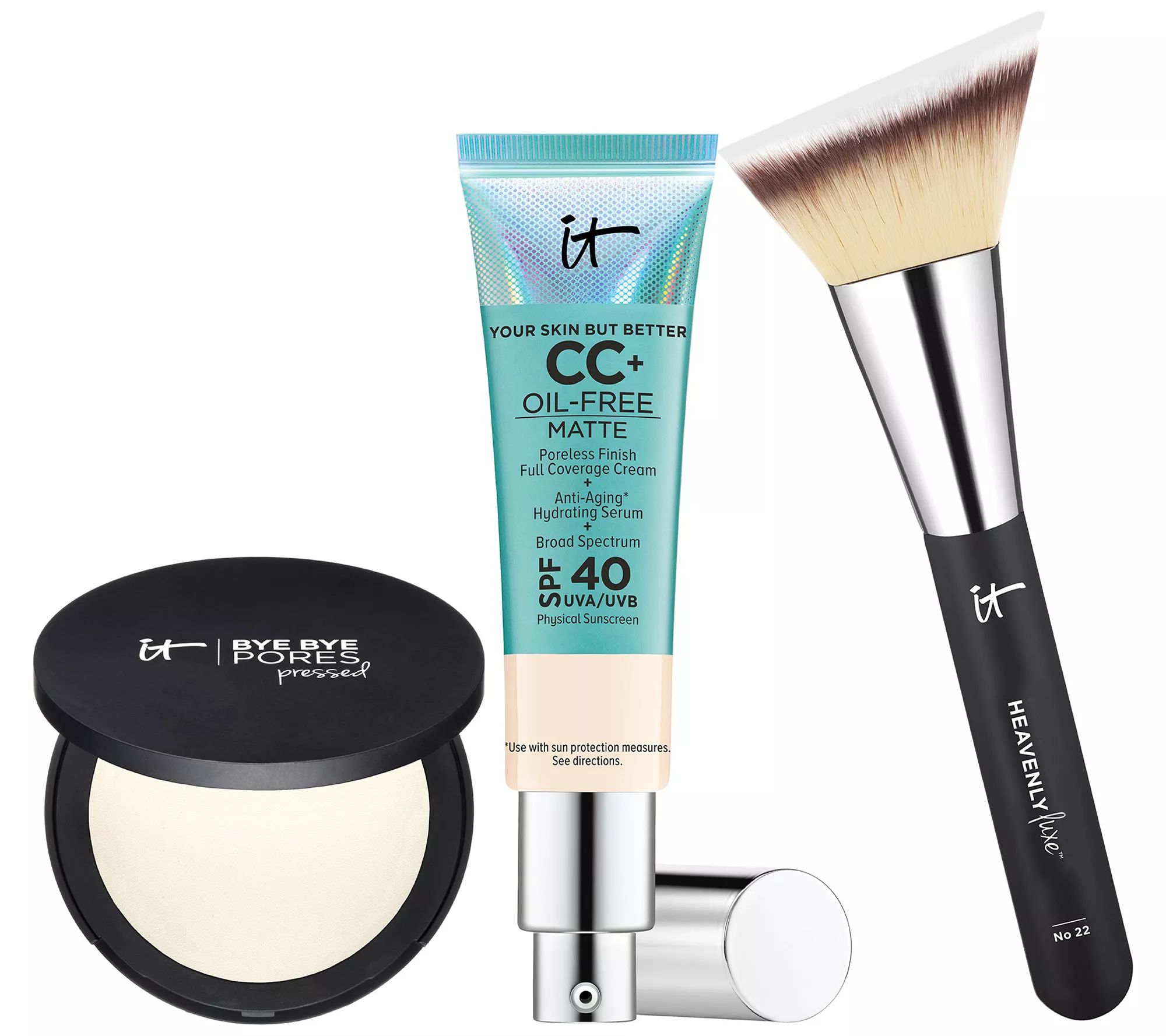 IT Cosmetics SPF 40 CC Cream Oil Free & Setting Powder w/ Luxe Brush - QVC.com | QVC