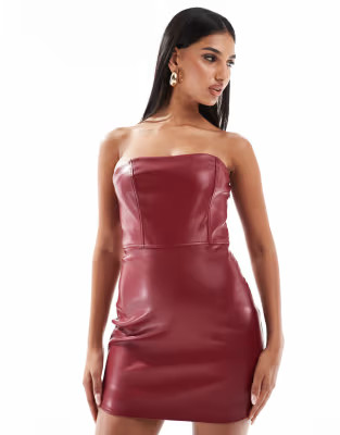 Kaiia bandeau leather look mini dress in burgundy | ASOS (Global)