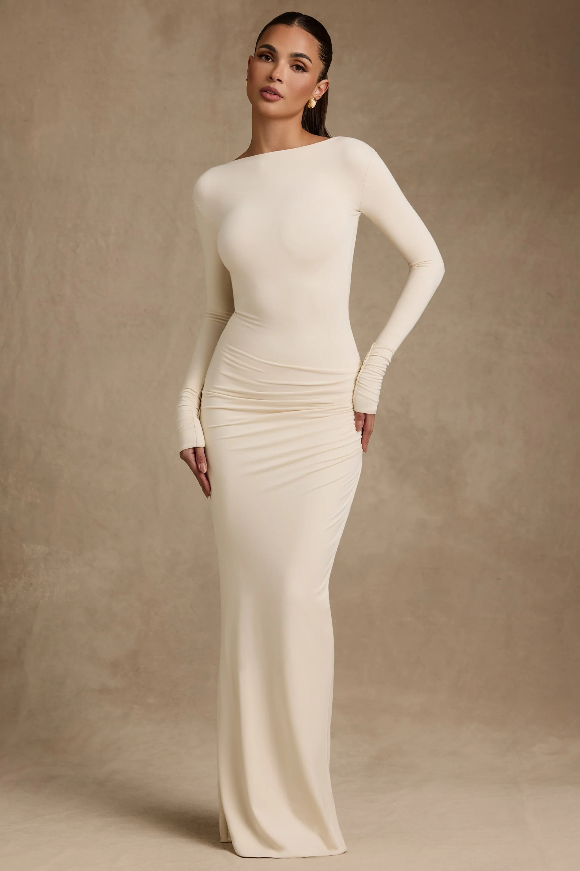 Modal Ruched Backless Maxi Dress in Ivory | Oh Polly