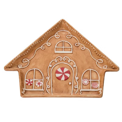 Transpac Dolomite 10.25 in. Brown Christmas Gingerbread House Plate | Target