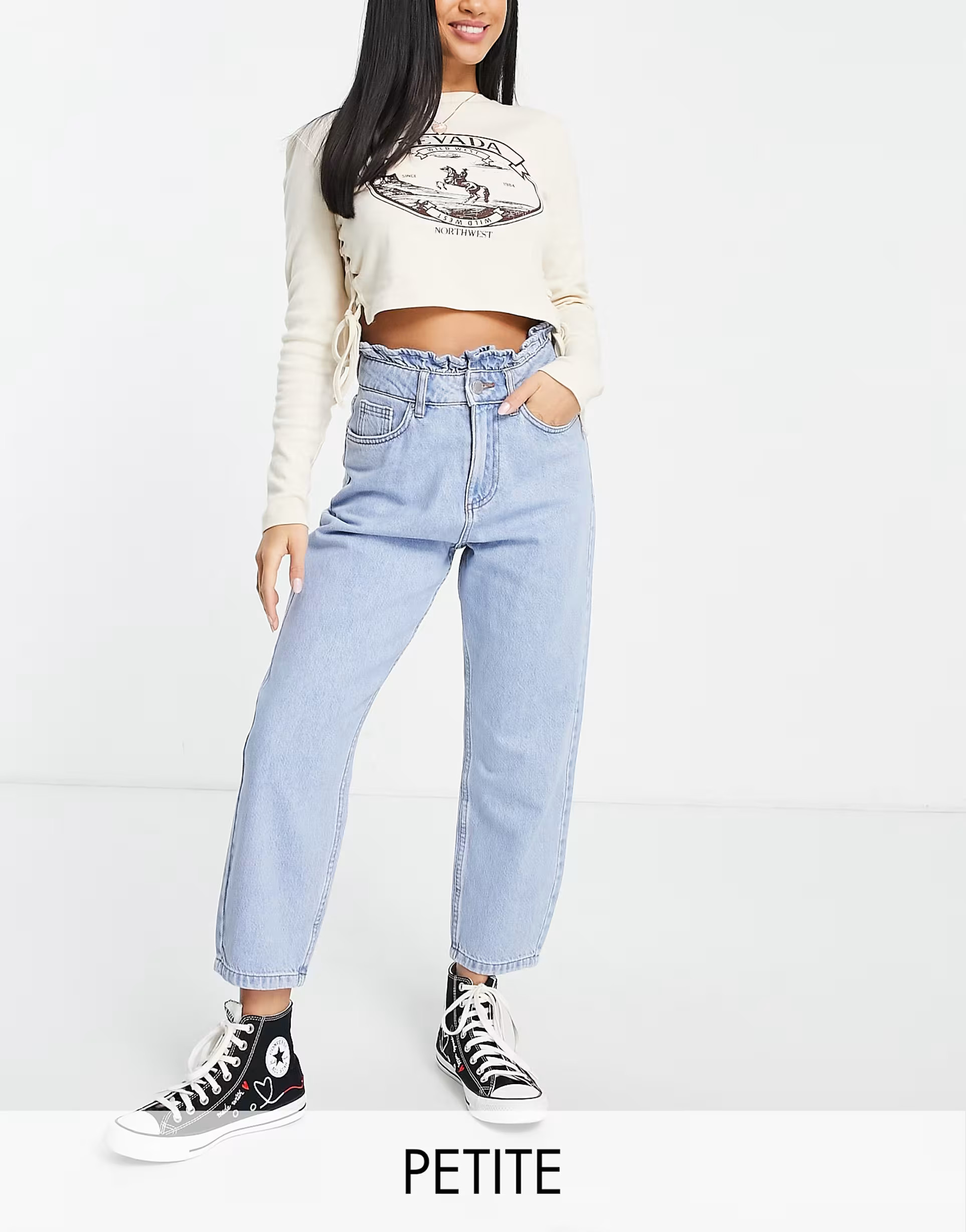 Miss Selfridge Petite mom high waist frill top jean in light wash blue | ASOS (Global)