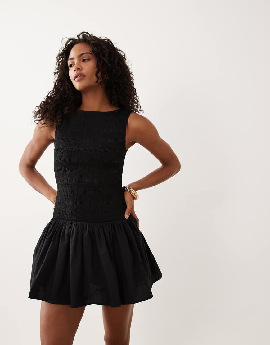 Abercrombie & Fitch slash neck smocked skort mini dress in black | ASOS (Global)