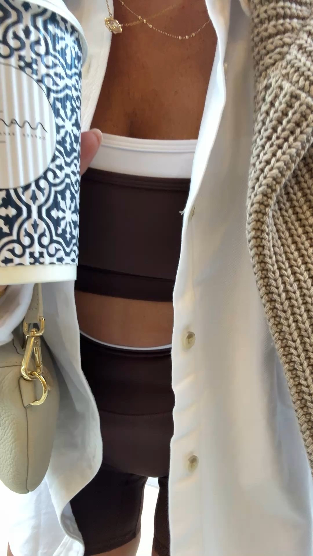 Morning walk for matcha outfit - wearing my fave YPB set with oversized aritzia top! 