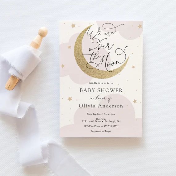 We Are Over the Moon Baby Shower Invitation Pink Twinkle - Etsy | Etsy (US)