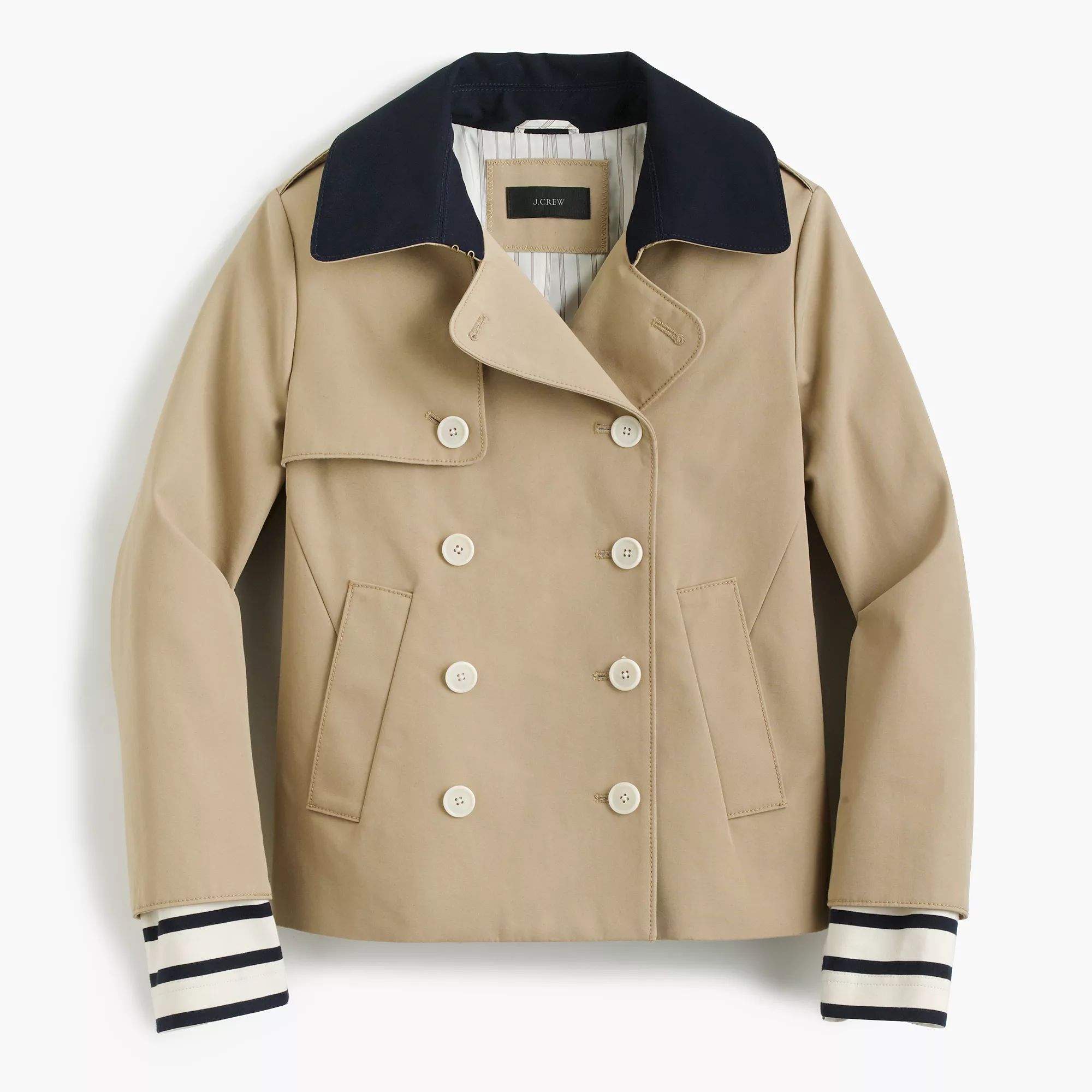 Cropped trench coat with detachable striped cuffs | J.Crew US
