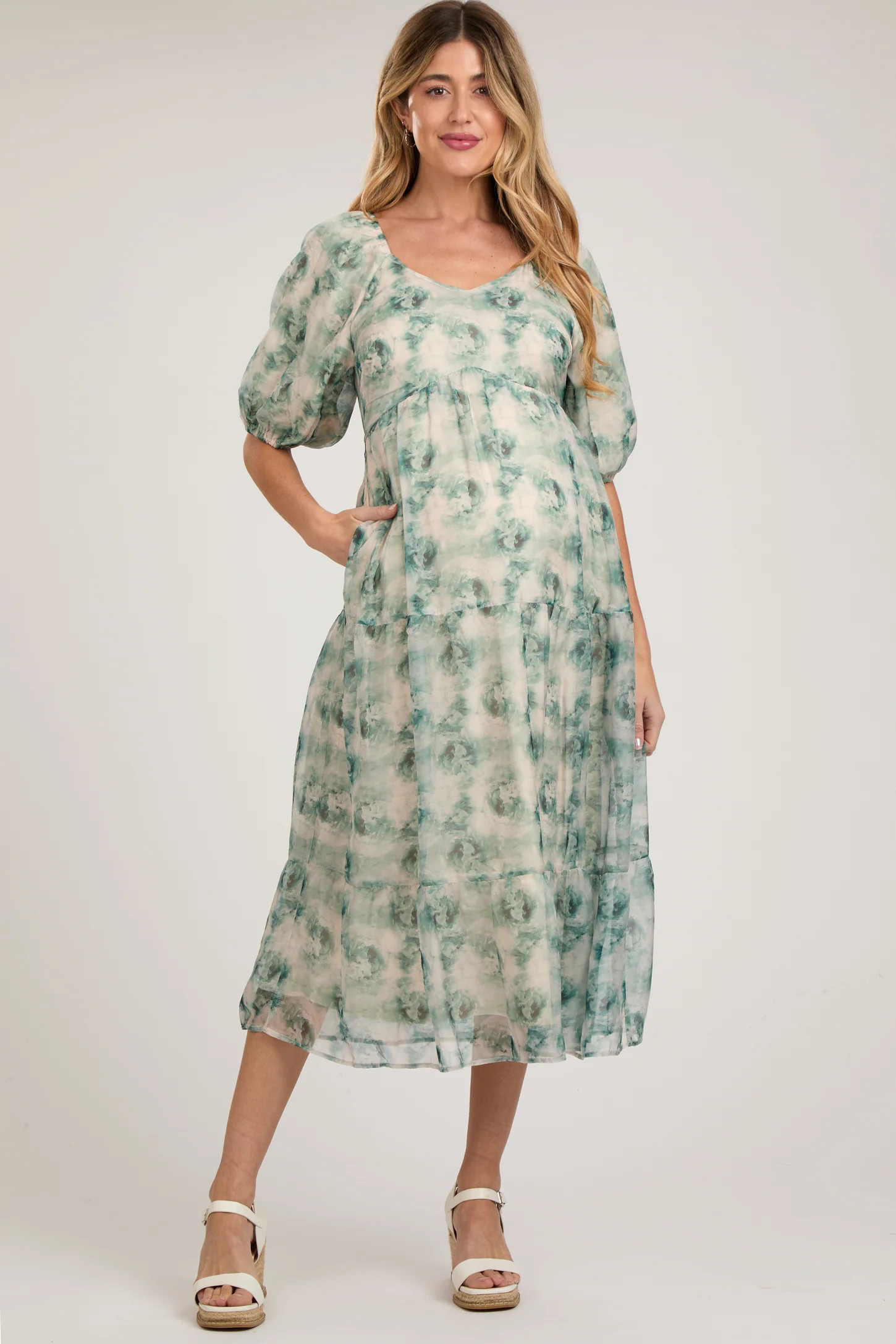 Green Watercolor Floral Maternity Midi Dress | PinkBlush Maternity