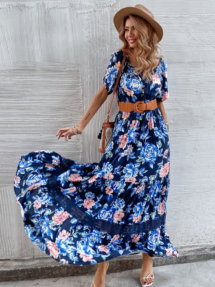 Allover Floral Lace Trimed A-line Dress Without Belt | SHEIN