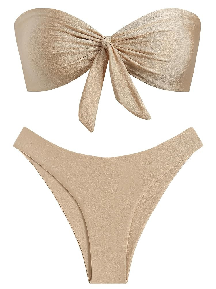ZAFUL Knotted Bandeau Bikini for Women Strapless Swimsuit Beige Bikini Beige Swimsuit Bathing Suit  | Amazon (US)