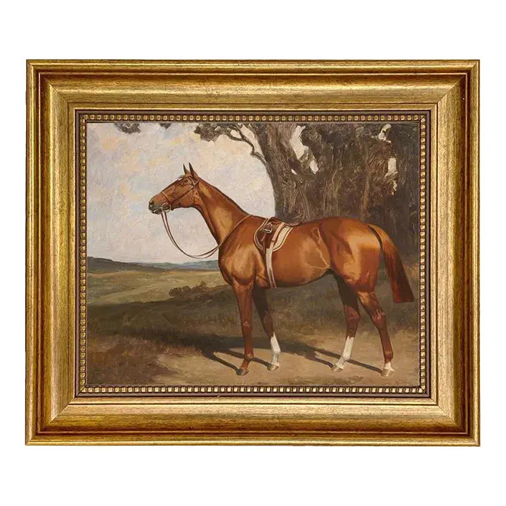 Saddled Chestnut Race Horse by Lynwood Palmer Framed Oil Painting Print on Canvas in Antiqued Gol... | Chairish