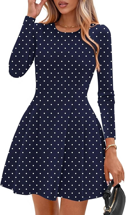 PRETTYGARDEN Long Sleeve Mini Dress for Women 2026 Spring Crewneck Knit Pleated Babydoll A Line C... | Amazon (US)