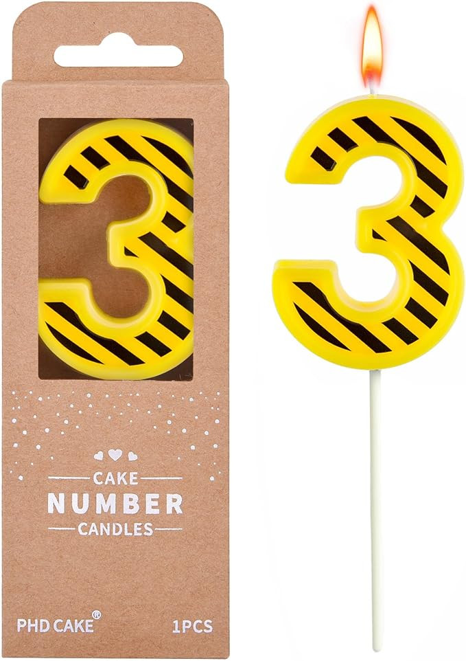 PHD CAKE 2.76 Inch Number 3 Construction Birthday Candles, Yellow and White Stripes Number Candle... | Amazon (US)