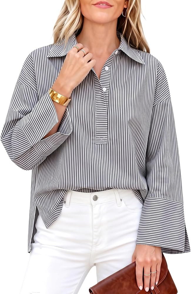 Watashi Women Button Down Shirt Striped Print Henley Shirts | Amazon (US)