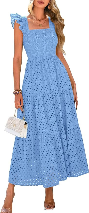 PRETTYGARDEN Womens Summer Square Neck Maxi Dresses Cap Sleeve Eyelet Smocked Tiered A Line Flowy... | Amazon (US)