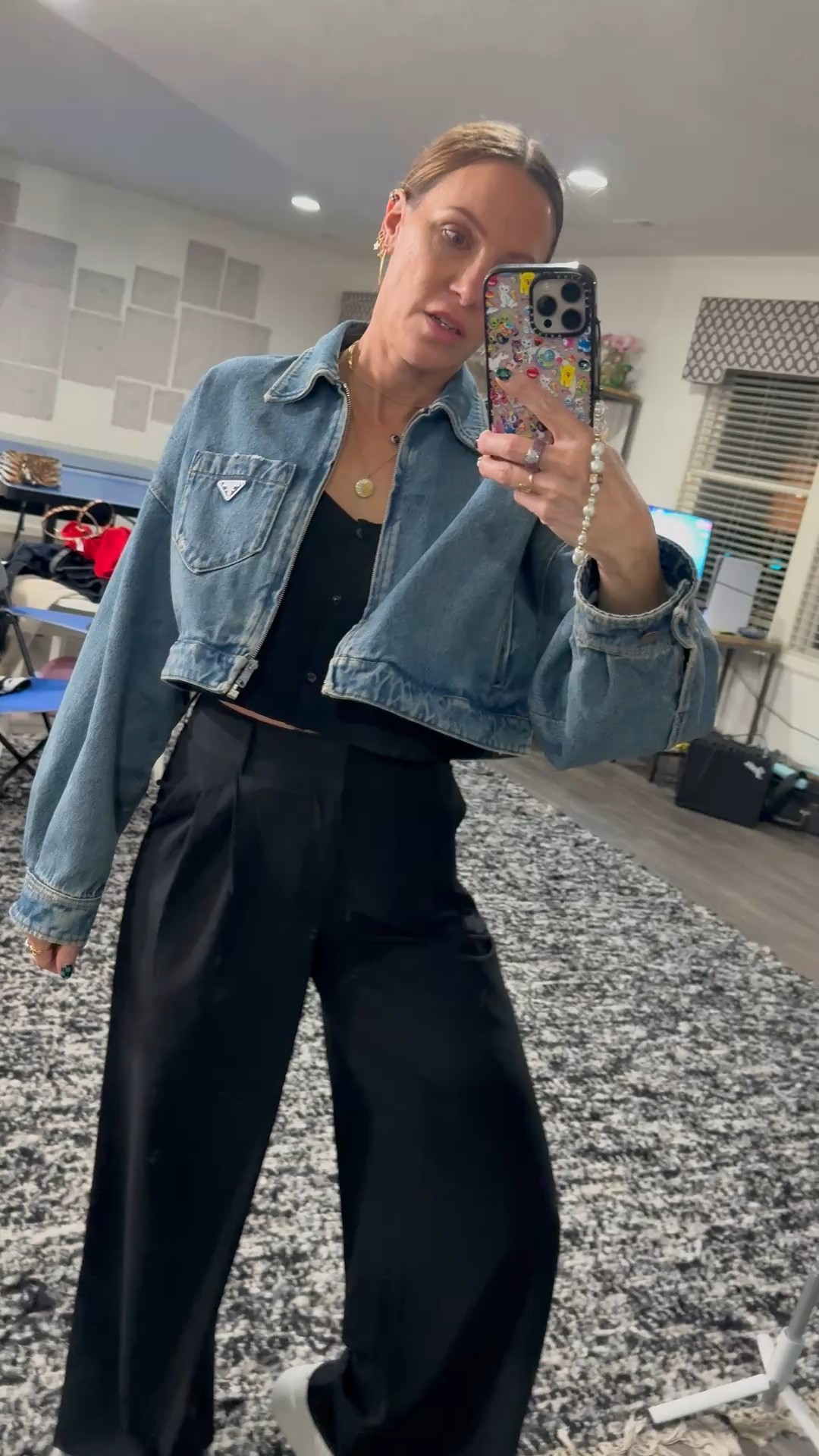 In love with how polished this leisure were set… perfect for girls night out and it was so comfortable- I ate pasta unless you guys😂 typically a size for… Wearing size extra small in the pants and small in the top.  Sneakers are true to size.  Sticky boobs are also linked.  Jacket is Prada.

#LTKOver40 #LTKStyleTip #LTKActive