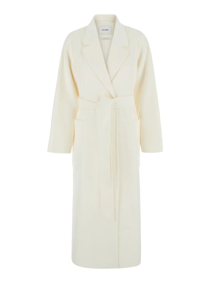 'Celia' White Double-Breasted Coat With Notched Revers And Belt In Wool Woman | Baltini
