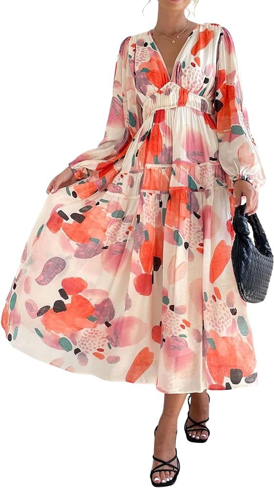 Women's Boho Floral Midi Dress Beach Flowy Dresses V Neck Puff Sleeve A Line Long Dress Allover P... | Amazon (US)