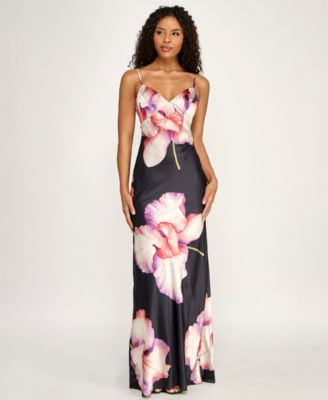 Juniors' Large Floral Printed V-Neck Satin Slip Dress | Macy's