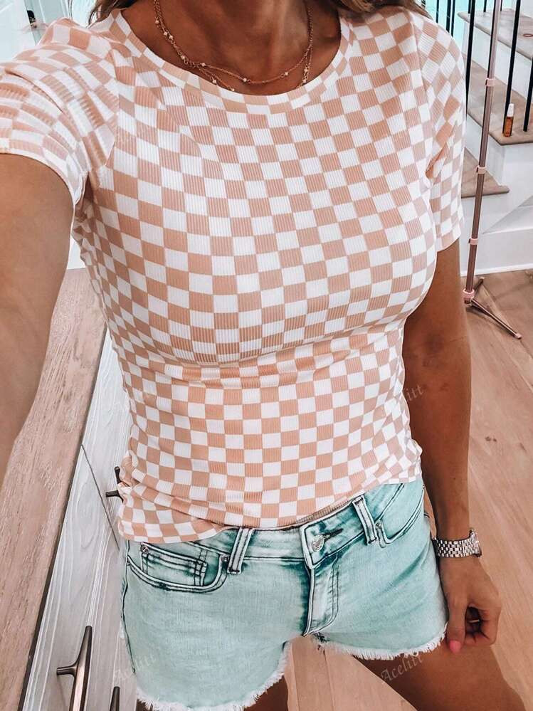 Acelitt Summer Color Blocking Checkerboard Printed Ribbed Slim Fit Round Neck Short Sleeved T-Shi... | SHEIN