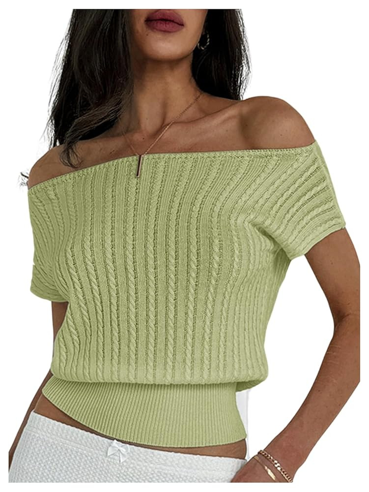 WDIRARA Women's Off Shoulder Textured Short Sleeve Fitted Waist Knitted Top | Amazon (US)