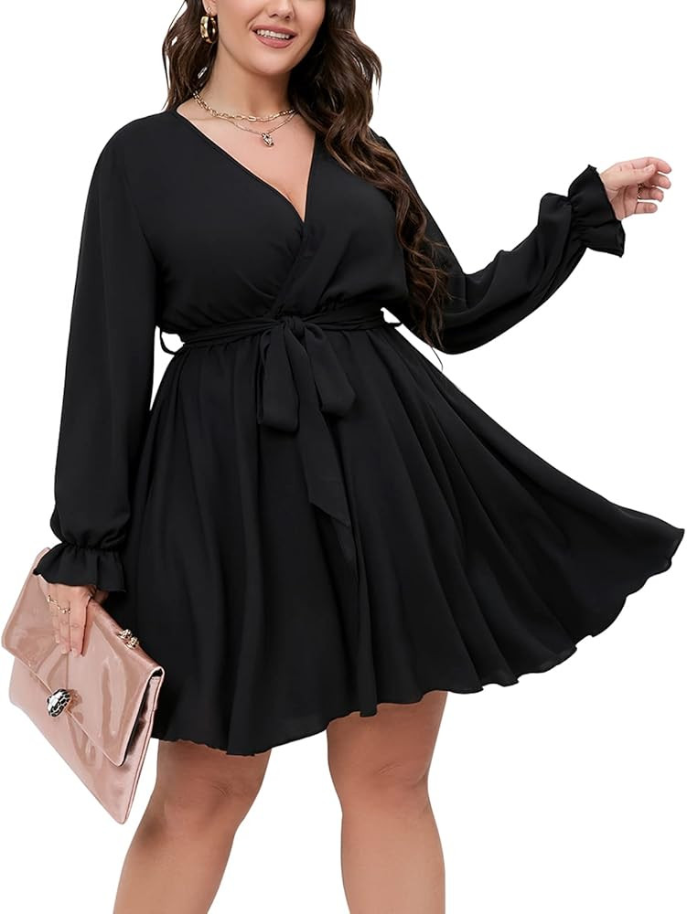SCOMCHIC Women's Plus Size Long Sleeve Wrap V Neck Tie Waist A Line Mini Dress | Amazon (US)
