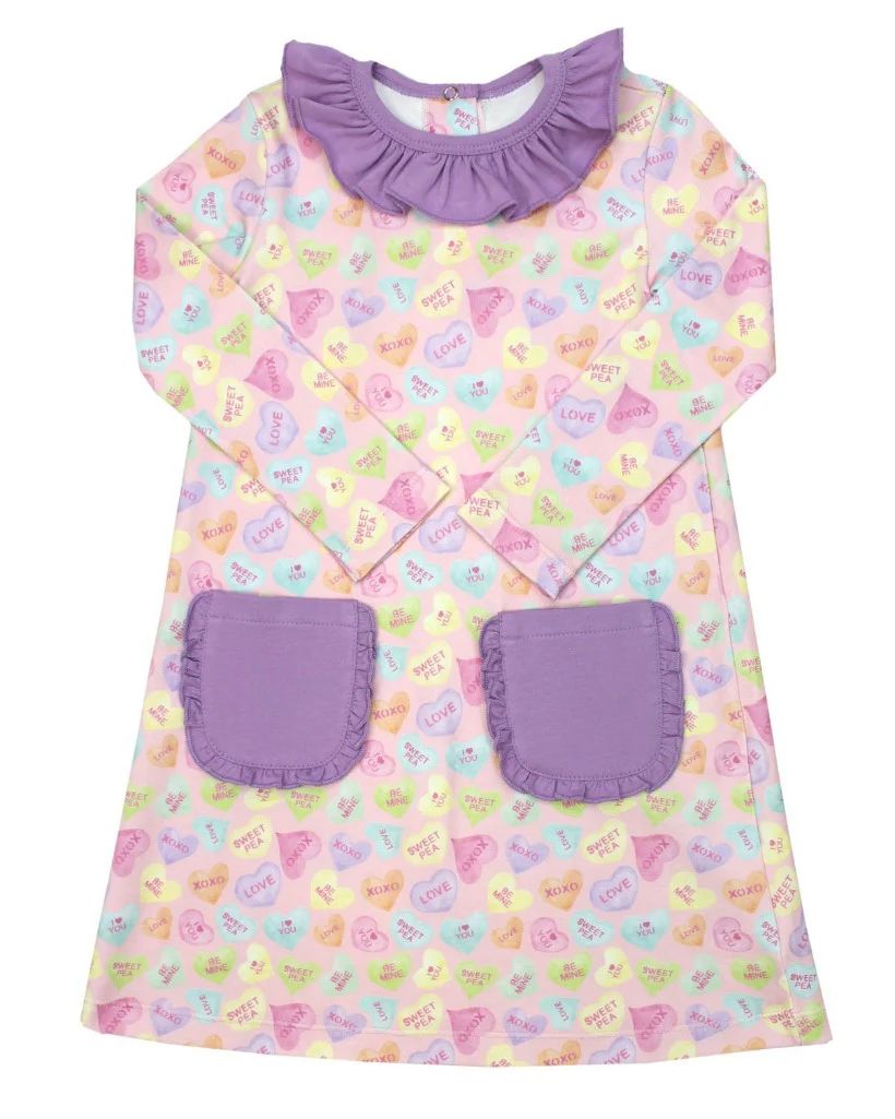 Candy Hearts Knit Pima Play Dress With Purple Trim | Smockingbird Kids