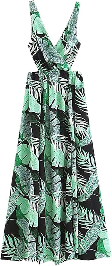 Floerns Women Sexy Sleeveless V-Neck Split Summer Beach Floral Print Maxi Dress | Amazon (US)