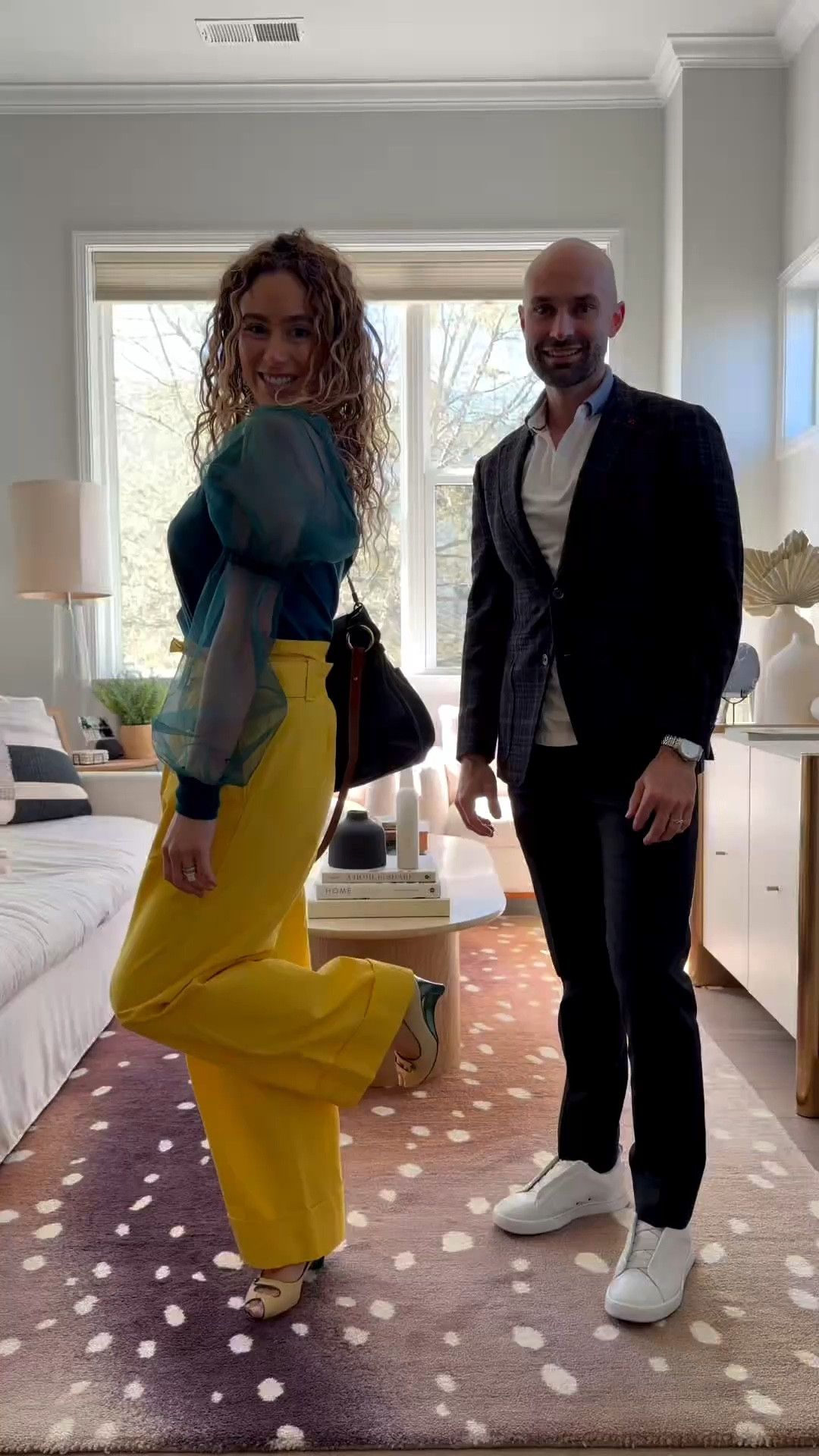 Sunday outfit of the day. Sunday couples outfit. Outfit of the day. Green Anthropologie top with mesh sleeves. Banana Republic mustard yellow high waisted belted trousers. Vintage Fendi peep toe heels. Mens Isaia sport coat. Mens Zegna sneakers. Mens PT Torino trousers. 

#LTKSeasonal #LTKootd