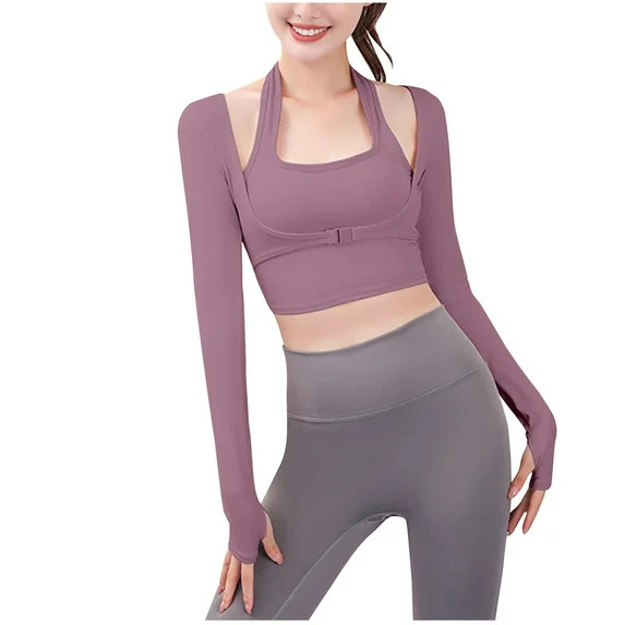 Npasoilc Yoga Shirts For Women Cutout Padded Crop Tops With Built In Bra Casual Solid Color Long ... | Walmart (US)